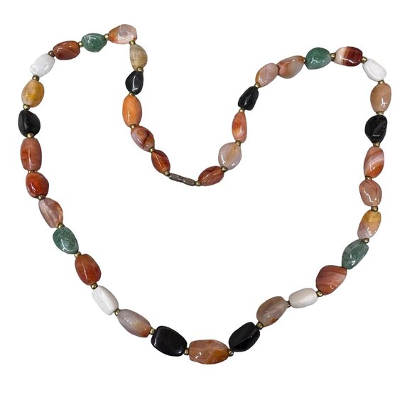 Vintage Beggars Bead Chunky Multi Gemstone Beaded Necklace Brass Accents 27" - Picture 2 of 7